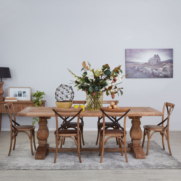 Old Elm Dining Table & Cross Chairs x 6